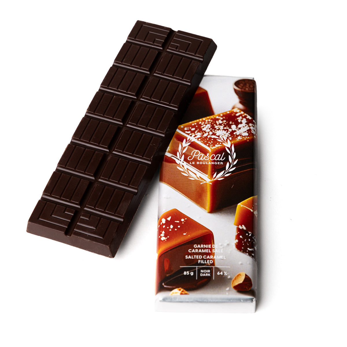 Dark chocolate bar topped with salted caramel