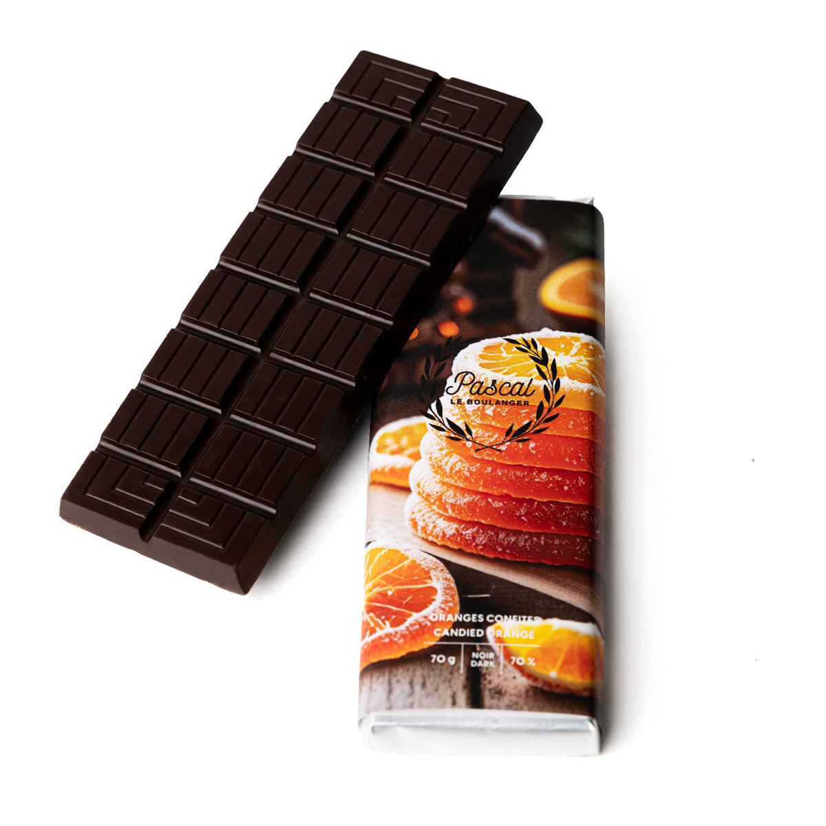 Dark chocolate bar with candied oranges